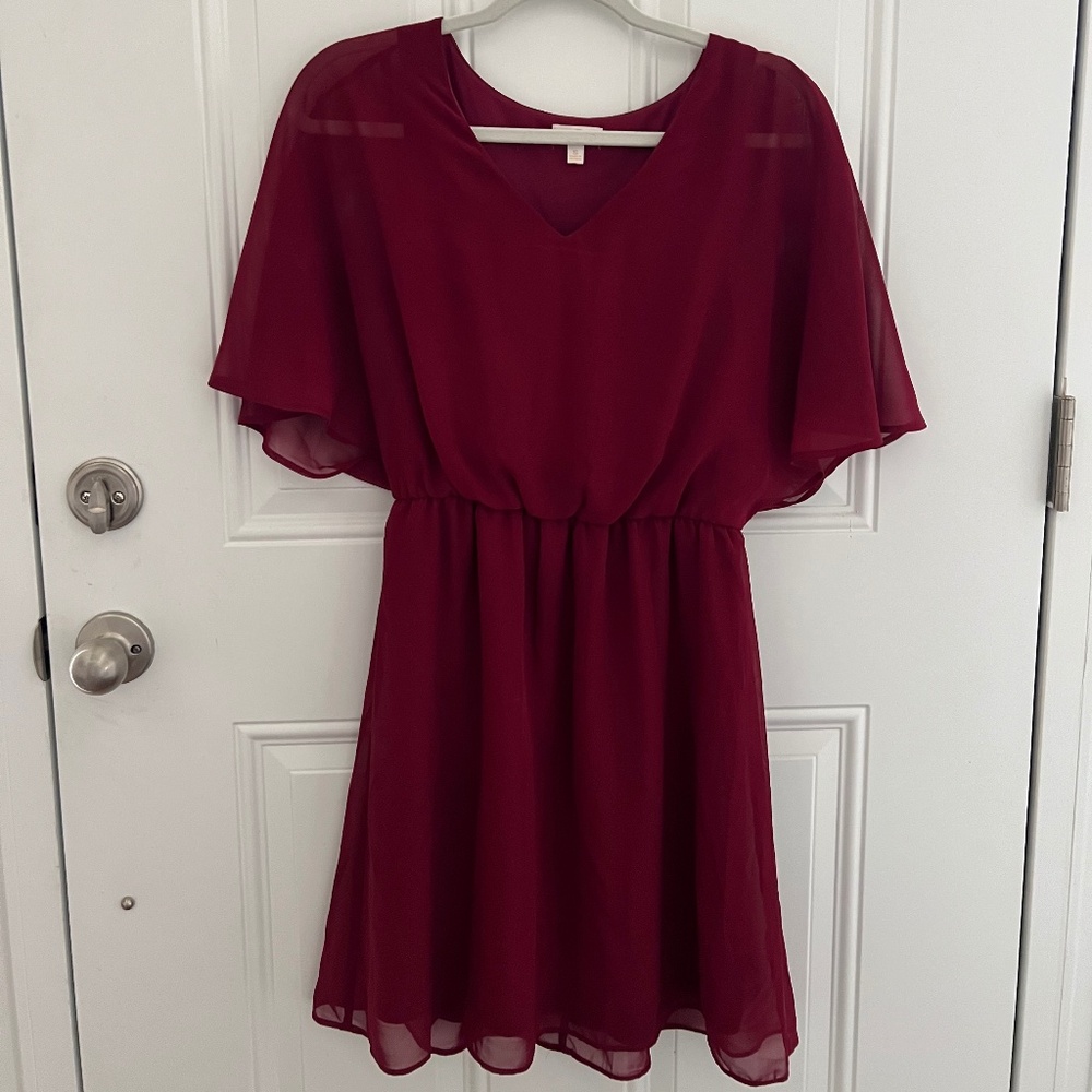 Charming Charlie burgundy chiffon flutter-sleeve mini dress